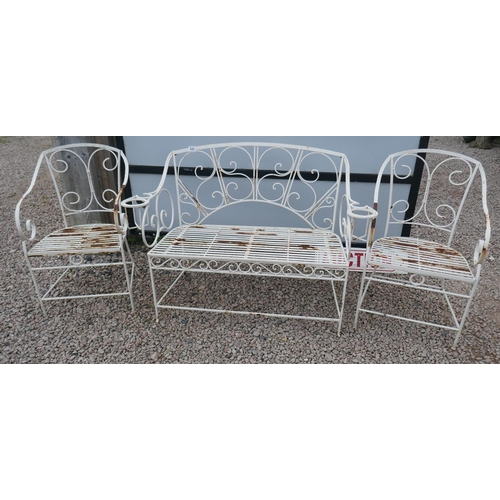 444 - Metal garden bench with pair of matching chairs