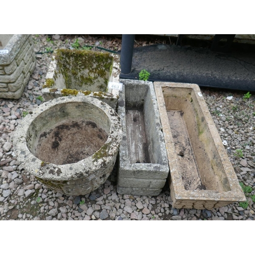 463 - Square stone planter, round stone planter & 2 stone troughs