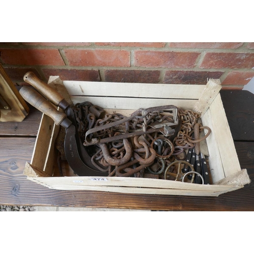 474 - Box of metalware to include animal trap