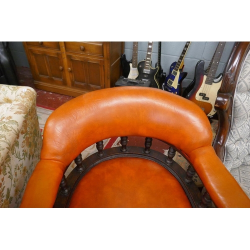 222 - Orange leather antique spindle back tub chair