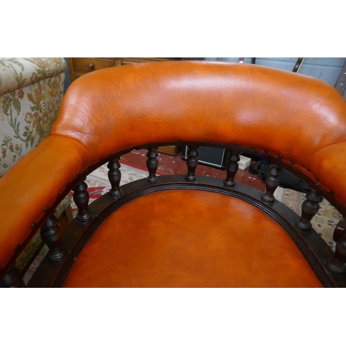 222 - Orange leather antique spindle back tub chair