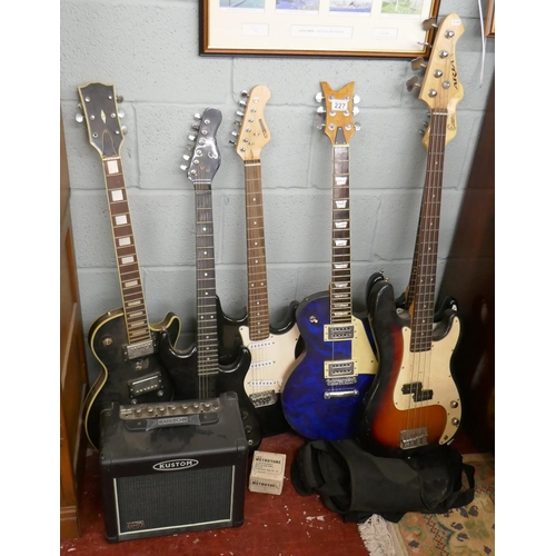 227 - Collection of six electric guitars together with amp & metronome