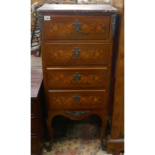 294 - Tall French marquetry cabinet with secretaire drawer, ormolu mounts and marble top - Approx size: W:... 