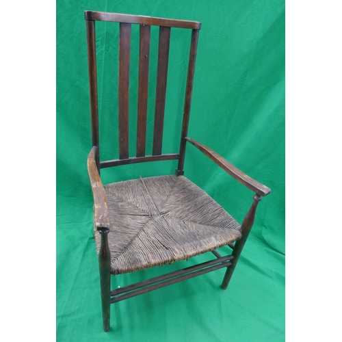 308 - Antique slat back rush seated armchair