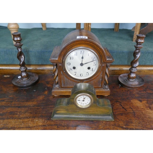 328 - 2 mantle clocks together with pair oak barley-twist candlesticks