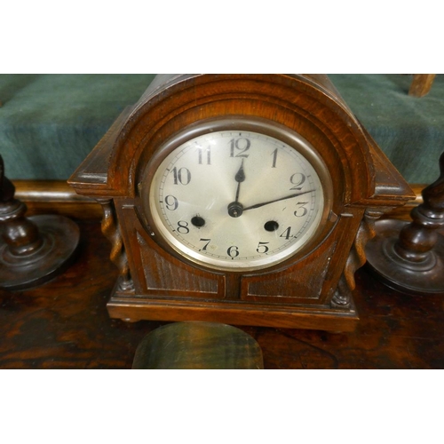 328 - 2 mantle clocks together with pair oak barley-twist candlesticks