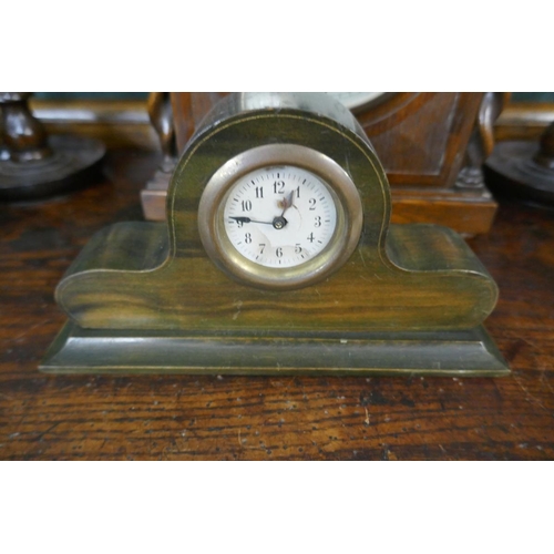 328 - 2 mantle clocks together with pair oak barley-twist candlesticks