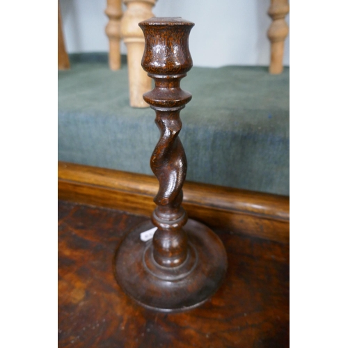 328 - 2 mantle clocks together with pair oak barley-twist candlesticks