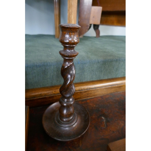 328 - 2 mantle clocks together with pair oak barley-twist candlesticks