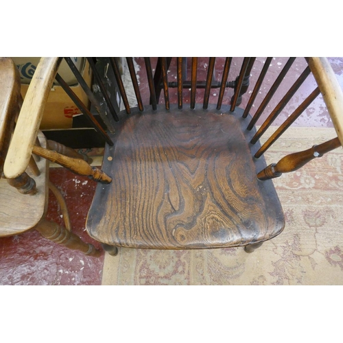 344 - Antique elm seated stick back armchair