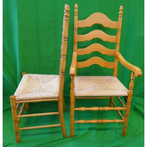 397 - Set of 8 beech ladder-back rush seated dining chairs to include 2 carvers