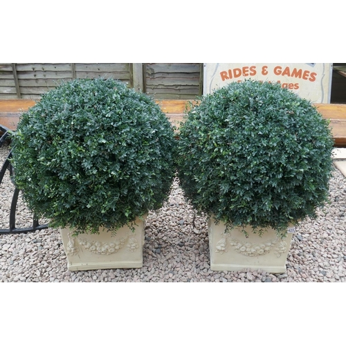 425 - Pair of square stone planters with round artificial trees