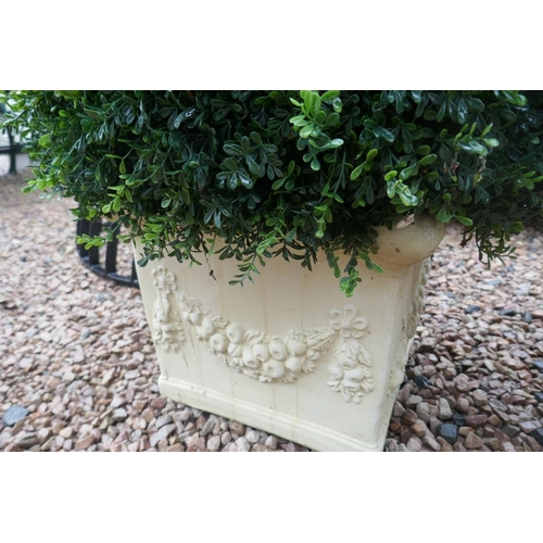 425 - Pair of square stone planters with round artificial trees