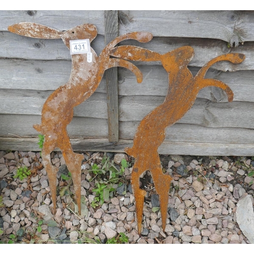 431 - Pair of rusty silhouette boxing hares