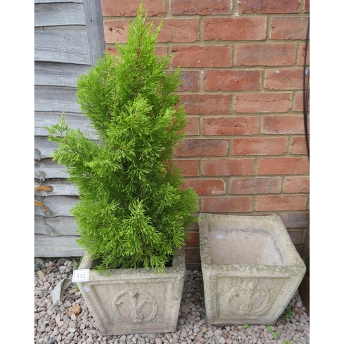 432 - Pair of square stone planters, 1 with fern