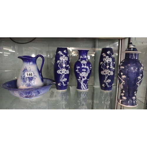 146 - Blue & white Staffordshire jug & bowl and 4 Chinese blue & white vases