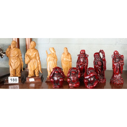 180 - Collection of Oriental figures together with See No Evil, Speak No Evil, Hear No Evil monkeys