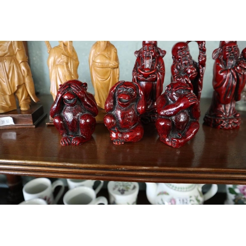 180 - Collection of Oriental figures together with See No Evil, Speak No Evil, Hear No Evil monkeys