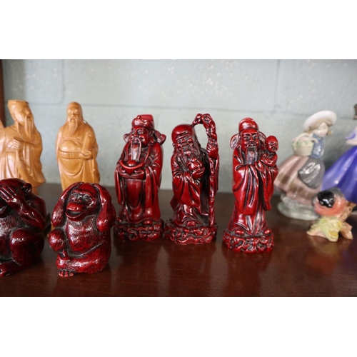 180 - Collection of Oriental figures together with See No Evil, Speak No Evil, Hear No Evil monkeys