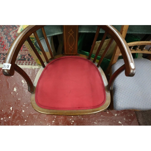 205 - Edwardian inlaid tub chair & another