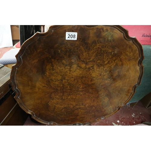 208 - Burr walnut tilt top tripod table with pie-crust edge