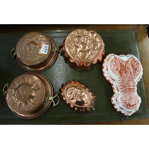 229 - 5 jelly moulds to include copper examples