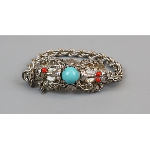 33 - Silver turquoise & coral bracelet