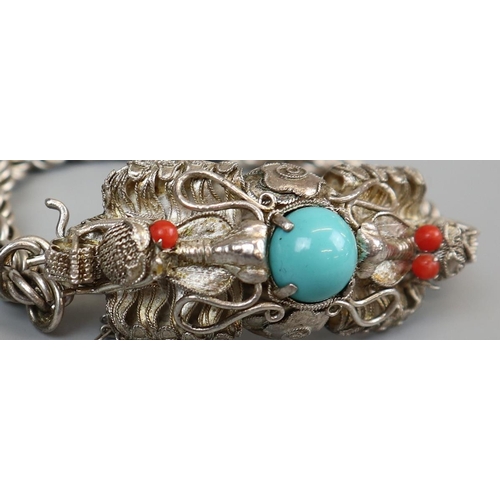 33 - Silver turquoise & coral bracelet