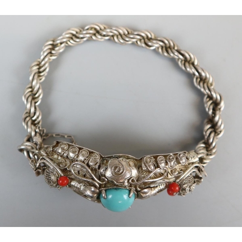 33 - Silver turquoise & coral bracelet