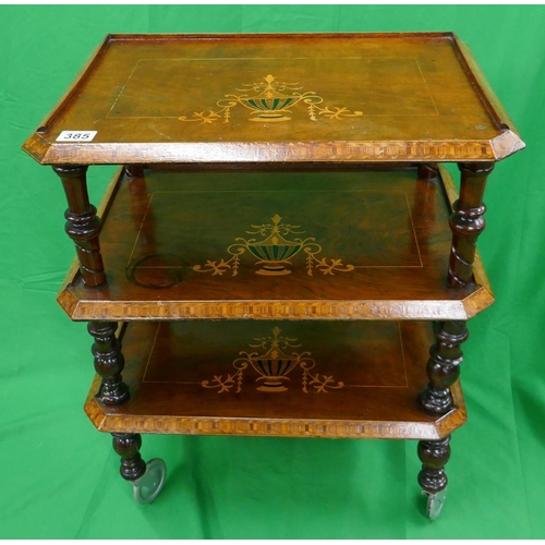 385 - Galleried & inlaid 3 tier serving trolley