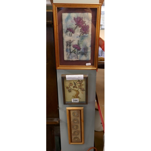 396 - 3 framed embroidery art pieces by designer Sally Ziesler