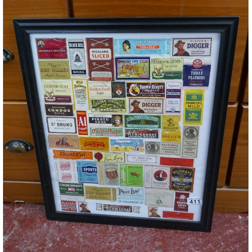 411 - Framed vintage tobacco labels