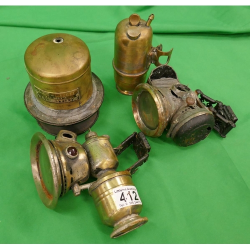 412 - Vintage car lamps, claxon etc