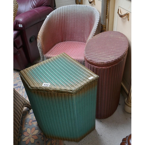 459 - Lloyd Loom armchair together with 2 laundry baskets