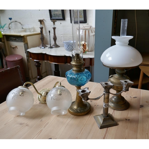 470 - 2 oil lamps, wall sconce & silver plate candelabra