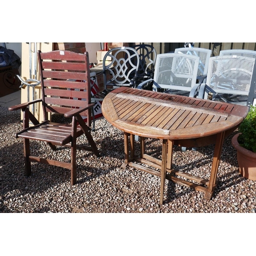 524 - Teak garden drop leaf table together with folding chair