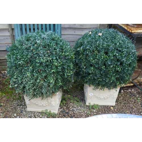 534 - Pair of square stone planters with artificial trees