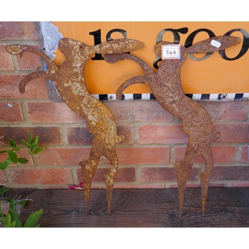 546 - Pair of rusty silhouette boxing hares