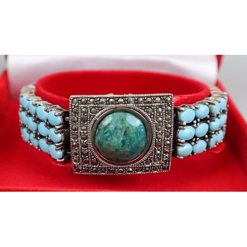 55 - Ladies silver & turquoise bracelet & pair of turquois earrings