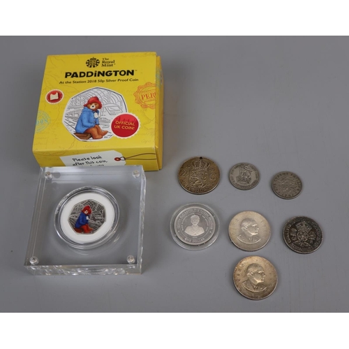 92 - L/E Paddington silver proof 50p with COA together with collection of silver coins