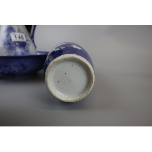 146 - Blue & white Staffordshire jug & bowl and 4 Chinese blue & white vases