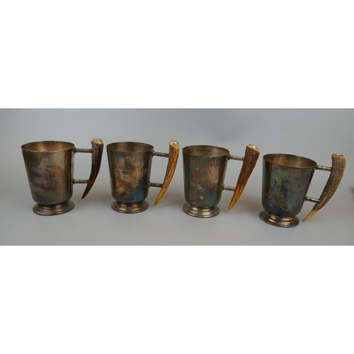 169 - 4 silver plate tankards with horn handles