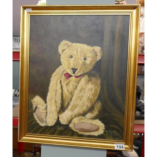 194 - Oil on board - An original 'Pawtraite Bear' by Bridget 1994