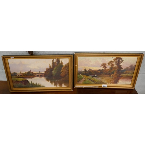 204 - Pair of oils on board canal scenes by G Noone - Approx. IS: 44cm x 24cm