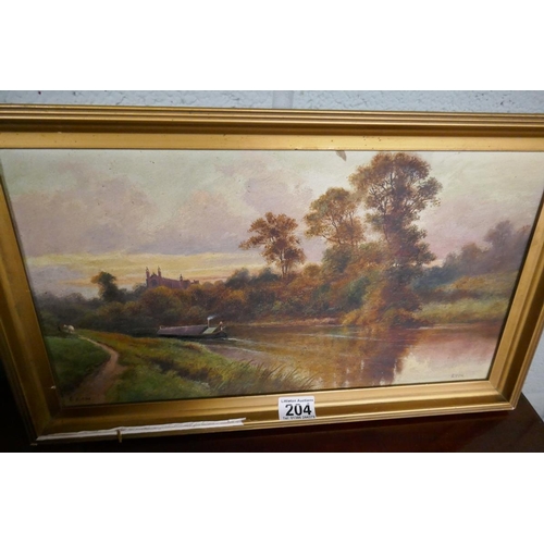 204 - Pair of oils on board canal scenes by G Noone - Approx. IS: 44cm x 24cm