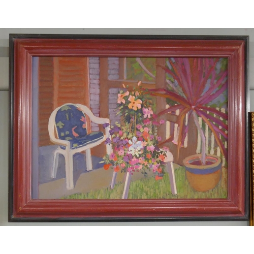 212 - Olwen Tarrant - Oil on canvas - Flowers & Chair - Approx. IS: 55cm x 39cm