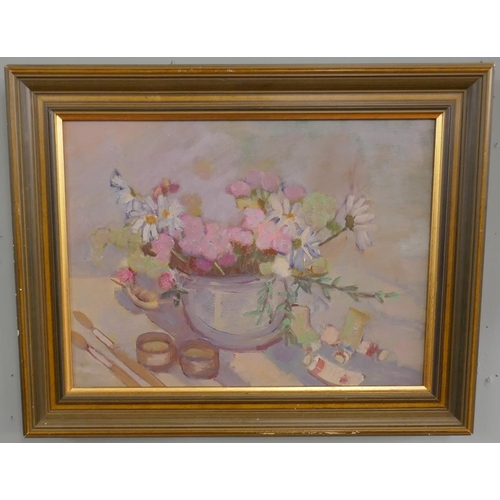 213 - Olwen Tarrant - Oil on canvas - Still Life & Paint Brushes - Approx. IS: 39cm x 29cm