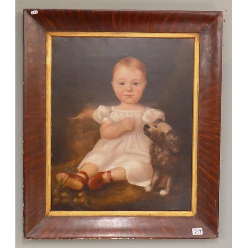 217 - Patrick G Smith 19thc antique oil on canvas - Girl with dog - Approx. IS: 54cm x 66cm