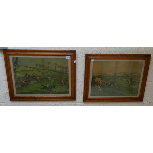 219 - Pair of horse racing prints in burr walnut frames