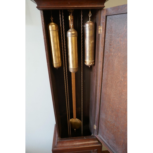 266 - 3 train movement long cased clock with brass dial - German manufacture marked F A Chandler, Lemingto... 